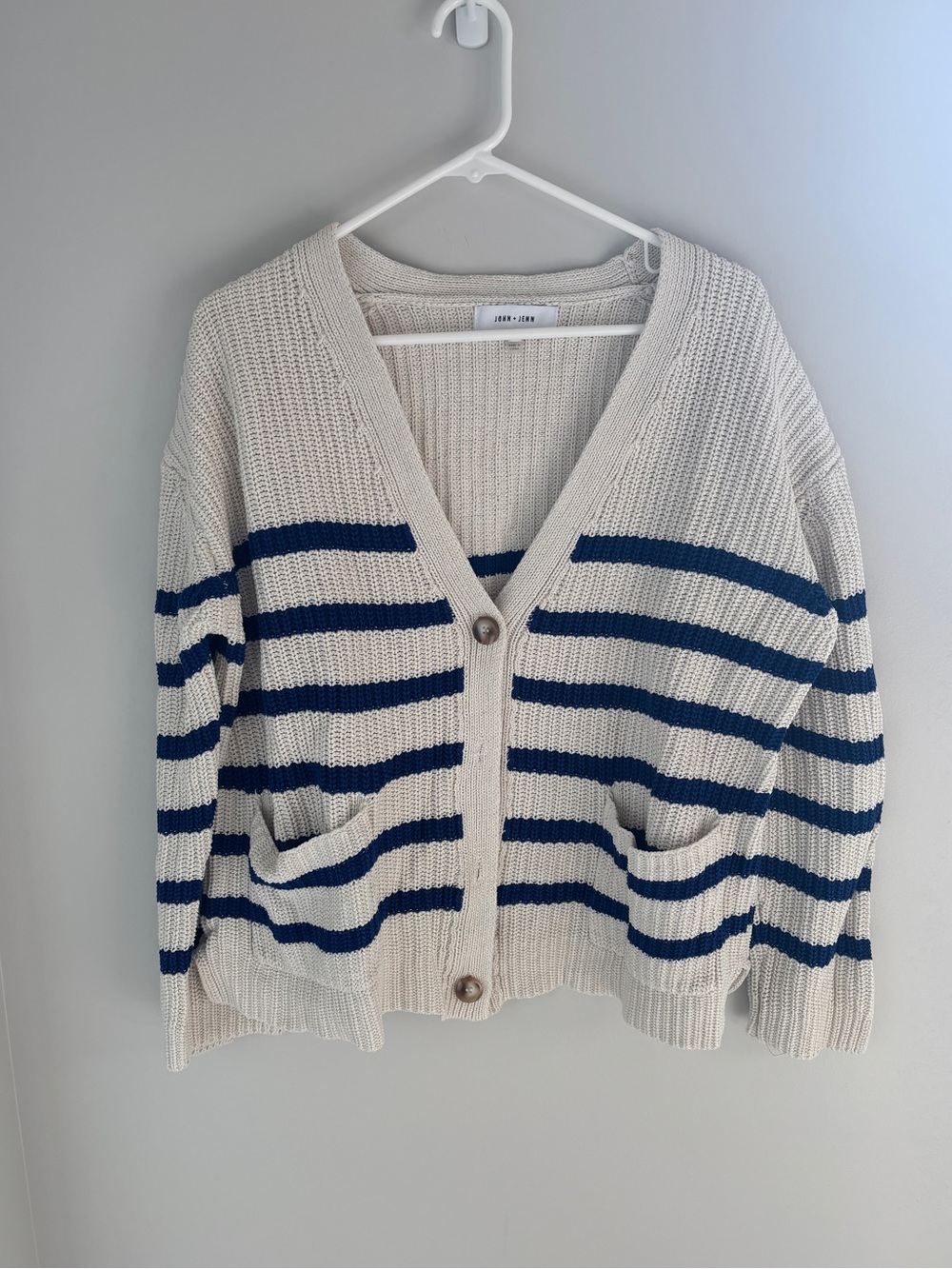 John + Jenn Cream Cardigan with Navy Stripes